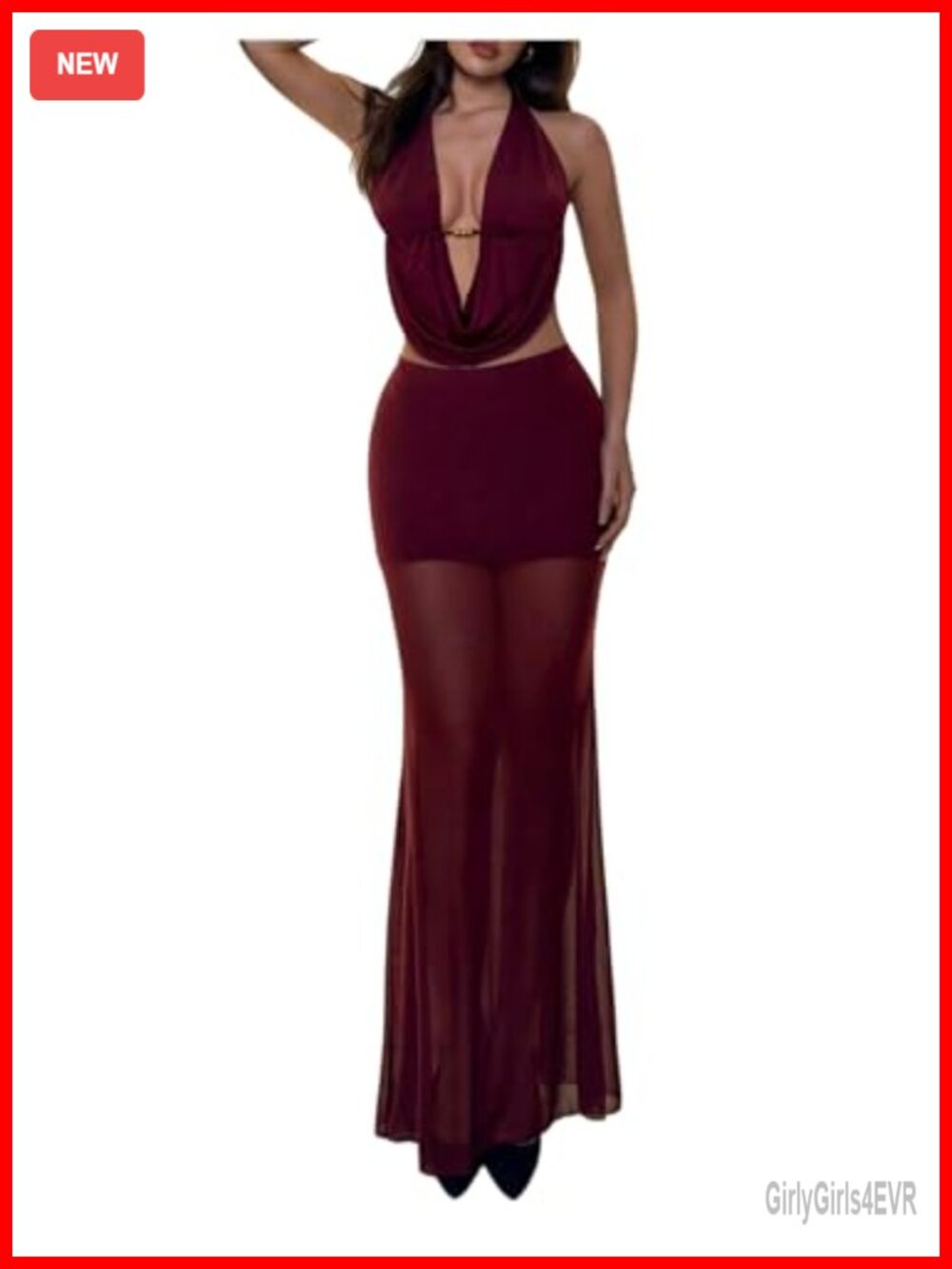 Women's Sexy 2 Piece Skirt Set Halter Top Bodycon Mesh Maxi Clubwear Outfit
